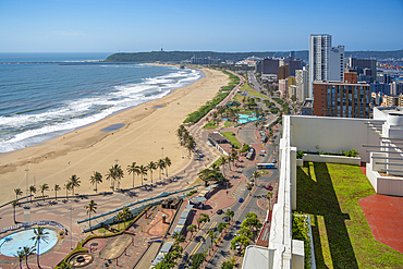 Elevated view of beaches, hotels, promenade and Indian Ocean, Durban, KwaZulu-Natal Province, South Africa, Africa