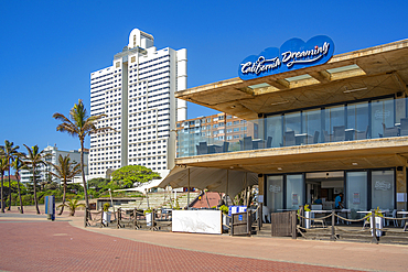 View of cafe and hotels on promenade, Durban, KwaZulu-Natal Province, South Africa, Africa