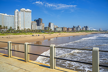 View of promenade, beach and hotels from pier in Indian Ocean, Durban, KwaZulu-Natal Province, South Africa, Africa