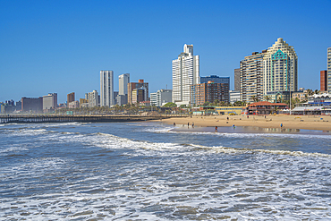 View of promenade, beach and hotels from pier in Indian Ocean, KwaZulu-Natal Province, South Africa, Africa