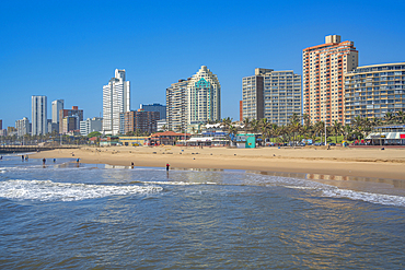 View of promenade, beach and hotels from pier in Indian Ocean, Durban, KwaZulu-Natal Province, South Africa, Africa