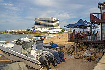 View of hotel and beach bar at Central Beach in Plettenberg Bay, Plettenberg, Garden Route, Western Cape Province, South Africa, Africa