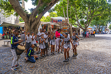 View of traditional song and dance performers in Greenmarket Square, Cape Town, Western Cape, South Africa, Africa