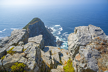 View of rocky coastline of False Bay from lighthouse, Cape of Good Hope Nature Reserve, Cape Town, Western Cape, South Africa, Africa