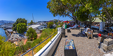 View of restaurant overlooking marina in Jubilee Square, Simon's Town, Cape Town, Western Cape, South Africa, Africa