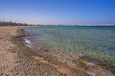 View of beach and Sahl Hasheesh visible in background, Sahl Hasheesh, Hurghada, Red Sea Governorate, Egypt, North Africa, Africa