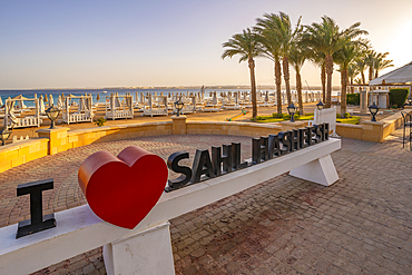 View of sign on beach in Sahl Hasheesh Old Town, Sahl Hasheesh, Hurghada, Red Sea Governorate, Egypt, North Africa, Africa