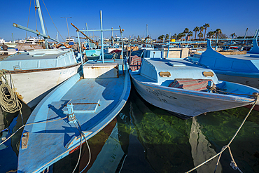 View of colourful wooden boats in Hurghada Harbour, Hurghada, Red Sea Governorate, Egypt, North Africa, Africa