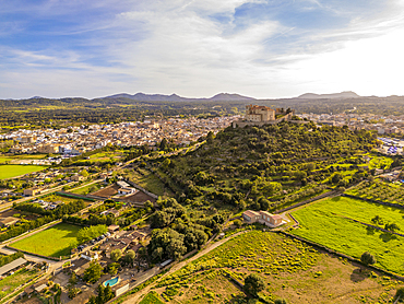 Aerial view of hilltop Santuari de Sant Salvador church in Arta, Majorca, Balearic Islands, Spain, Mediterranean, Europe