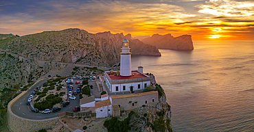 Aerial view of lighthouse at Cap Formentor at sunset, Majorca, Balearic Islands, Spain, Mediterranean, Europe