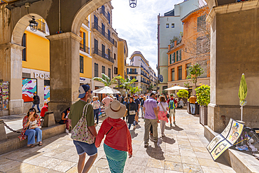 View of street scene near Placa Mayor, Palma de Mallorca, Majorca, Balearic Islands, Spain, Mediterranean, Europe