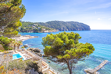 View of rocky shoreline and turquoise sea at Camp de Mar, Camp de Mar, Majorca, Balearic Islands, Spain, Mediterranean, Europe