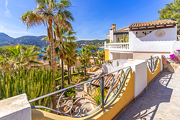 View of villlas overlooking bay at Camp de Mar, Camp de Mar, Majorca, Balearic Islands, Spain, Mediterranean, Europe