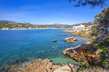 View of rocky shoreline and the sea at Port d'Andratx, Majorca, Balearic Islands, Spain, Mediterranean, Europe