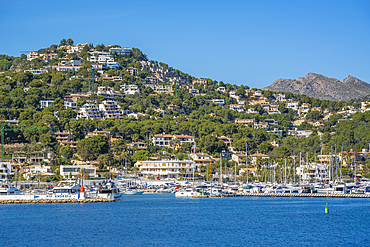 View of villas, houses and apartments overlooking marina at Port d'Andratx, Majorca, Balearic Islands, Spain, Mediterranean, Europe