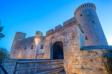 View of Castell de Bellver at dusk, Palma, Majorca, Balearic Islands, Spain, Mediterranean, Europe