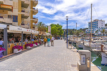 View of restaurants and boats in Port Manacor, Porto Cristo, Majorca, Balearic Islands, Spain, Mediterranean, Europe