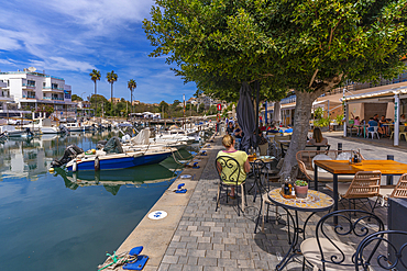 View of restaurants and boats in Port Manacor, Porto Cristo, Majorca, Balearic Islands, Spain, Mediterranean, Europe