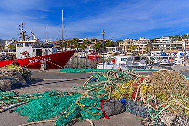 View of fishing nets and boats in the harbour at Cala Rajada, Majorca, Balearic Islands, Spain, Mediterranean, Europe