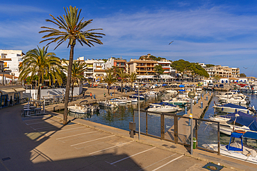 View of restaurants in the harbour at Cala Rajada, Majorca, Balearic Islands, Spain, Mediterranean, Europe