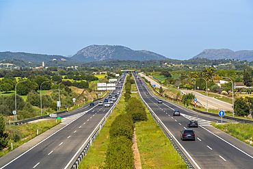 View of road and hills near Inca, Majorca, Balearic Islands, Spain, Mediterranean, Europe