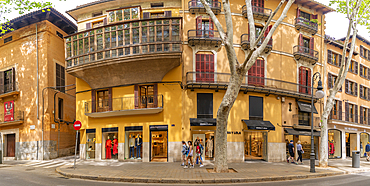 View of architecture on Carrer Unio, Palma de Mallorca, Majorca, Balearic Islands, Spain, Mediterranean, Europe