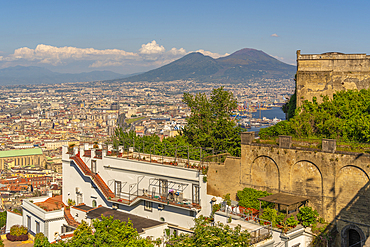 Elevated view from Castel Sant'Elmo of Naples and Mount Vesuvius in the background, Naples, Campania, Italy, Europe