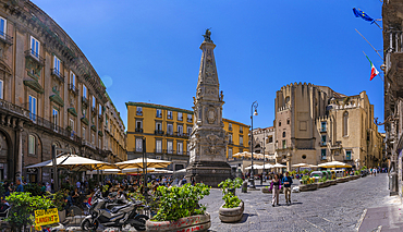 View of Obelisco di San Domenico and cafes in Piazza San Domenico Maggiore, Historic Centre, UNESCO World Heritage Site, Naples, Campania, Italy, Europe