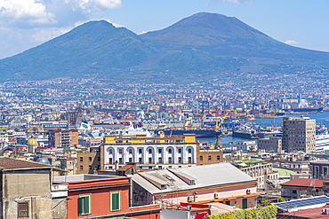 Elevated view of Naples and Mount Vesuvius in the background, Naples, Campania, Italy, Europe