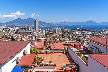 Elevated view of Naples and Mount Vesuvius in the background, Naples, Campania, Italy, Europe