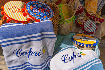 View of fabric souvenirs in Anacapri, Anacapri, Isle of Capri, Campania, Italy, Mediterranean, Europe