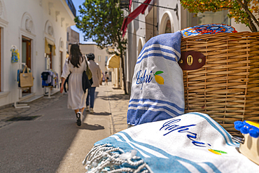 View of fabric souvenirs in Anacapri, Anacapri, Isle of Capri, Campania, Italy, Mediterranean, Europe