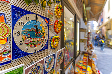 View of Sorrento souvenirs in narrow street, Sorrento, Campania, Italy, Mediterranean, Europe