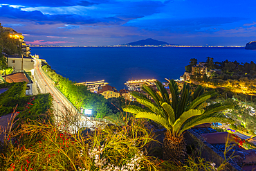 Elevated view of Mount Vesuvius and Sorrento at dusk, Sorrento, Campania, Italy, Mediterranean, Europe