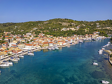 Aerial view of Gaios, the main port and harbour on the island of Paxos, Paxos, Ionian Islands, Greek Islands, Greece, Europe