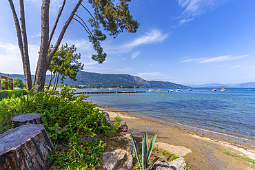 View of Dassia Beach and Ionian Sea, Dassia, Corfu, Ionian Sea, Greek Islands, Greece, Europe