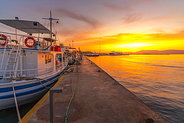 View of boats in the Old Port Marina at sunset, Corfu, Ionian Sea, Greek Islands, Greece, Europe