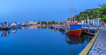 View of boats in the Old Port Marina at dusk, Corfu, Ionian Sea, Greek Islands, Greece, Europe