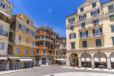 View of Pentophanaro (Five Lamps) in Place Theotoki, Corfu Town, Corfu, Ionian Sea, Greek Islands, Greece, Europe