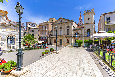 View of Church of Saints Jacob and Christopher in Dimarchiou Square, Corfu Town, Corfu, Ionian Sea, Greek Islands, Greece, Europe