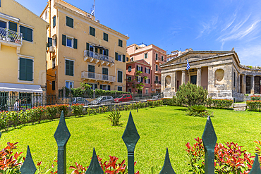 View of architecture in Anaktoron Square, Corfu Old Town, UNESCO World Heritage Site, Corfu, The Ionian Islands, Greek Islands, Greece, Europe