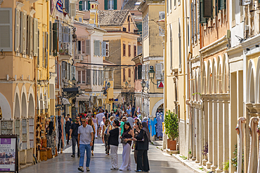 View of shops on Nikiforou Theotoki, Corfu Town, Corfu, Ionian Sea, Greek Islands, Greece, Europe