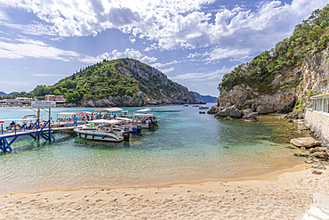 View of Agios Spiridon Beach in Palaiokastritsa, Palaiokastritsa, Corfu, Ionian Sea, Greek Islands, Greece, Europe