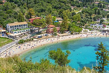 View of Agios Spiridon Beach from Monastery of Paleokastritsa in Palaiokastritsa, Corfu, Ionian Sea, Greek Islands, Greece, Europe