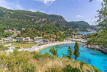 View of Agios Spiridon Beach from Monastery of Paleokastritsa in Palaiokastritsa, Corfu, Ionian Sea, Greek Islands, Greece, Europe