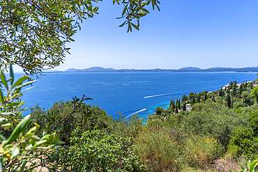 View of Ionian Sea and and coastline near Kassiopi, Kassiopi, Corfu, Ionian Sea, Greek Islands, Greece, Europe