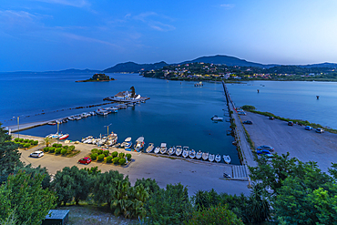 View of Holy Monastery of Panagia Vlacherna at dusk, Corfu, Ionian Sea, Greek Islands, Greece, Europe