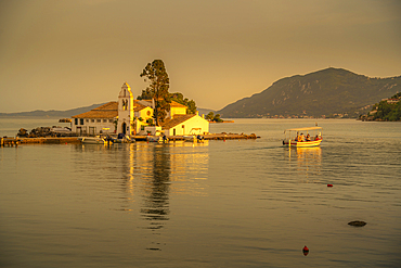 View of Holy Monastery of Panagia Vlacherna, Corfu, Ionian Sea, Greek Islands, Greece, Europe