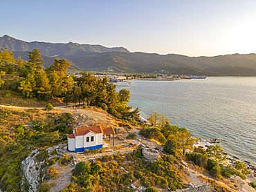 View of Church of the Holy Apostles and Thassos Town in background, Thassos Town, Limenas, Thassos, Aegean Sea, Greek Islands, Greece, Europe