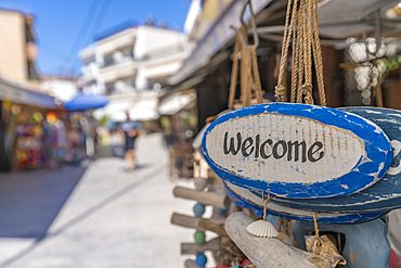 View of Welcome sign and souvenirs in Thassos Town, Thassos, Aegean Sea, Greek Islands, Greece, Europe